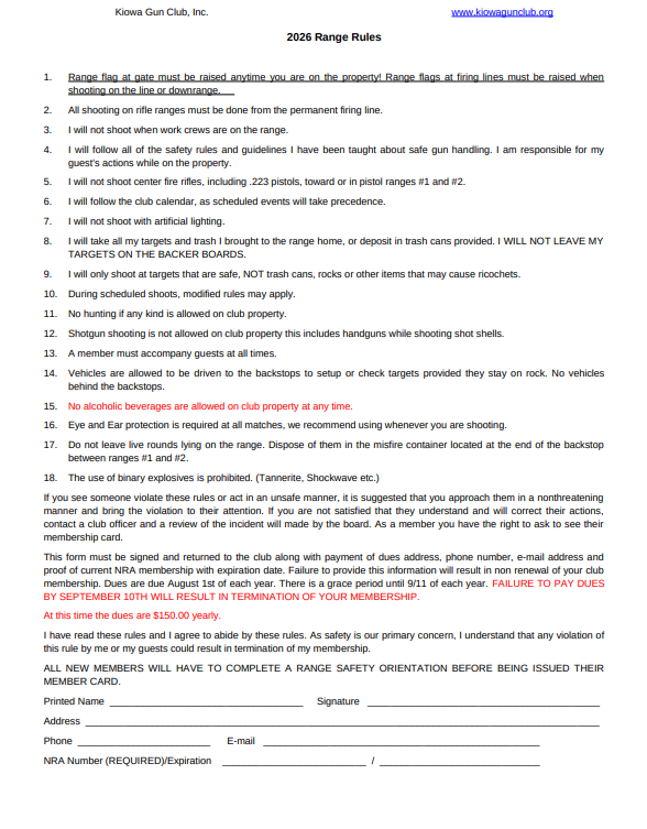 Preview of the Kiowa Gun Club rules and membership agreement